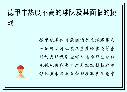 德甲中热度不高的球队及其面临的挑战